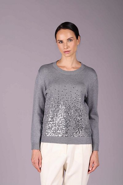 Sempre Women's Crew Neck Sequin Detailed Long Sleeve Knitwear Sweater 2572 Gray