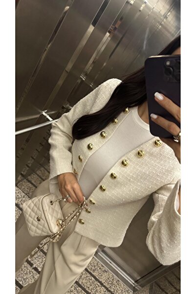 HARMONY GLOBAL Dámská krátká tvídová bunda Ecru Gold Button Detailed 50136