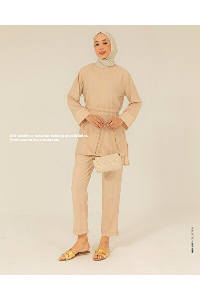 Meri Store Bel Bağcıklı Krem Keten Takım
