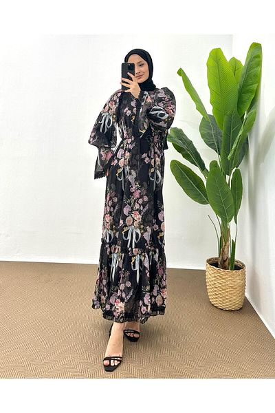 hueonline Black Chiffon Dress - Floral Pattern