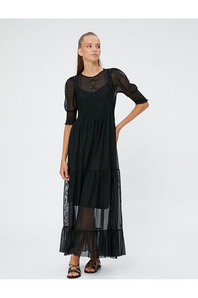 Koton A-Linien-Kleid mit langen transparenten, detailliert bestickten Ballonärmeln