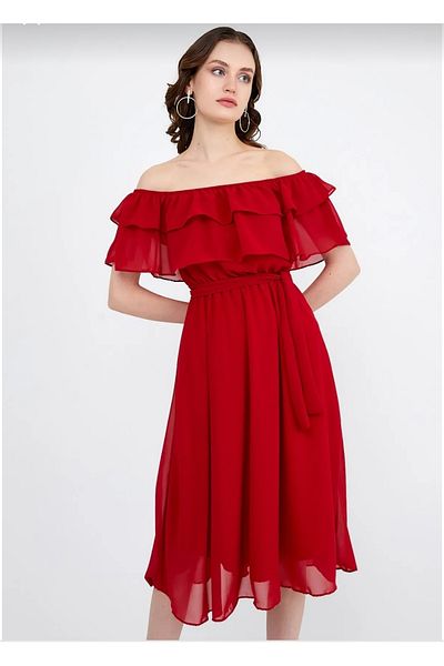 ADASTYLE Rochie de damă din șifon cu guler roșu
