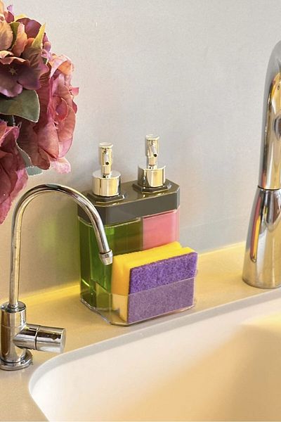 Makri Liquid Soap Dispenser with Sponge Holder, 2 Reservoirs, 350 ml + 350 Ml, Plastic, Domestic Production