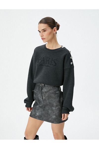 Koton Crew Neck Sweatshit with Embroidered Button Detail