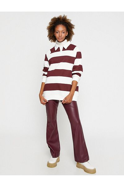 Koton Polo Neck Sweatshirt Oversize Striped Long Sleeve With Fleece Inside