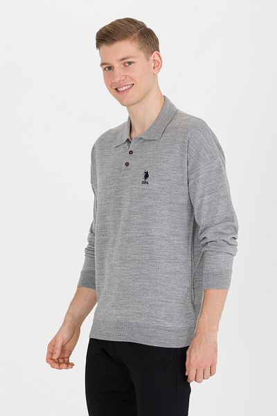 U.S. Polo Assn. Men's Gray Melange Polo Neck Knitwear Sweater 50257694 -Vr086