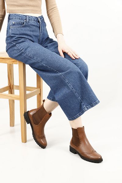 GÖNDERİ(R) Women's Tan Floater Rubber Sole Genuine Leather Chelsea Boots