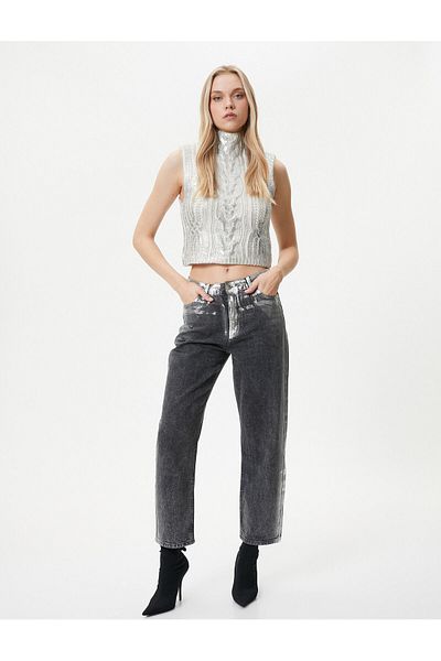 Koton High Collar Crop Sweater Knitted Metallic