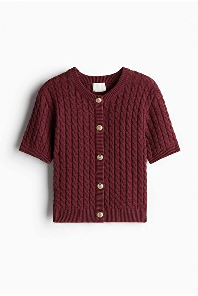 Liora Cardigan cu mânecă scurtă, cu nasturi aurii, din tricot de păr Bordeaux