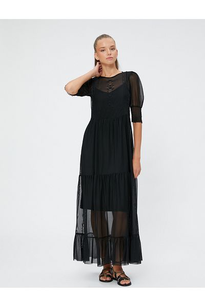 Koton A-Linien-Kleid mit langen transparenten, detailliert bestickten Ballonärmeln