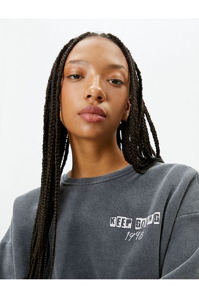 Koton Zadní potištěná mikina Faded Effect Crew Neck Zvýšená bavlna