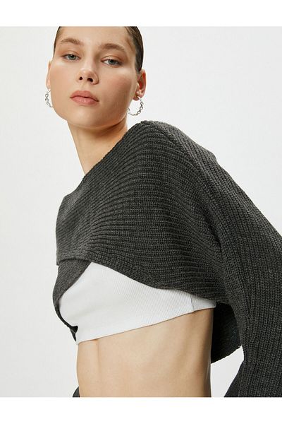Koton Crop Double Breasted Knitwear Sweater Asymmetrical Cut Long Wide Sleeve Boat Neck