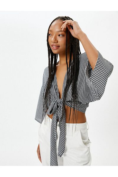 Koton Oversize Crop Kimono Blouse Double Breasted Wide 3/4 Sleeve Goose Feet Patterned Tie Detail