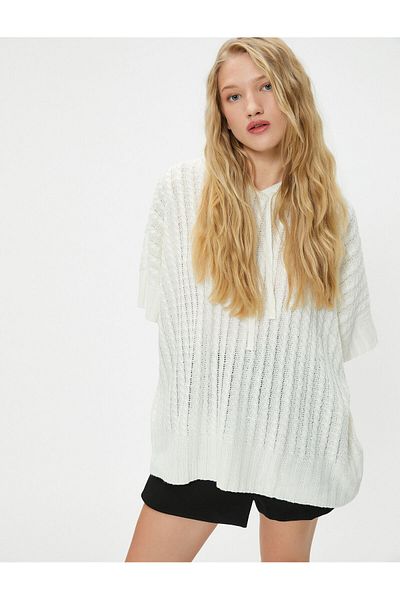 Koton Oversize Knitwear Poncho Hooded Short Sleeve Knitted Patterned
