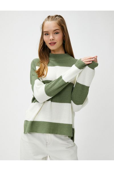 Koton White Green Striped Crew Neck Women's Sweater - 4WAL90008HT