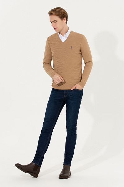 U.S. Polo Assn. Pulover pentru bărbați Camel Melange cu decolteu în V 50258314 -vr122