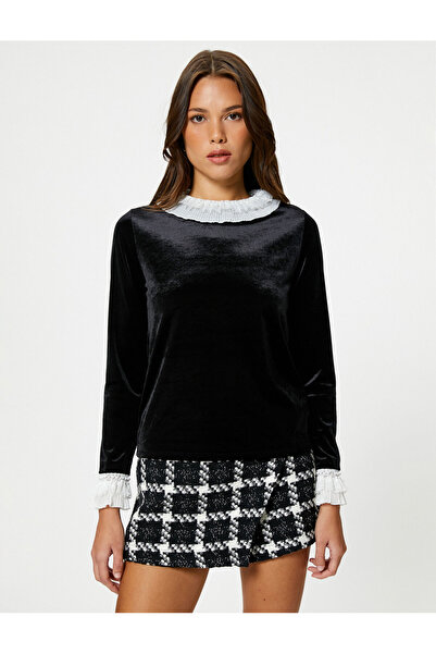 Koton Βελούδινη μπλούζα με μακρυμάνικο βολάν με λεπτομέρειες