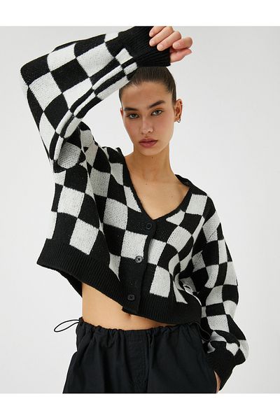 Koton Cardigan crop tricotat, cu decolteu în V, cu nasturi, model în șah cu nervuri