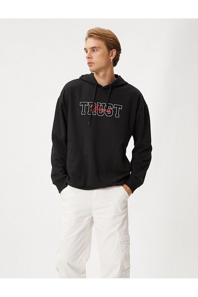 Koton Hooded Sweat Slogan Printed Pocket Detailed Long Sleeve Ribbon