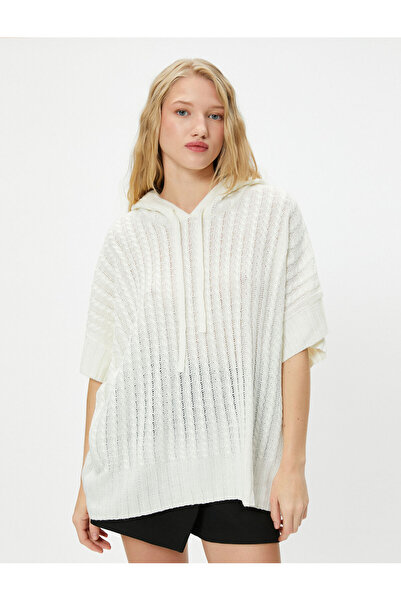 Koton Oversize Knitwear Poncho Hooded Short Sleeve Knitted Patterned