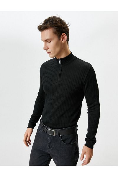 Koton Half Zipper Sweater High Collar Textured Long Sleeve