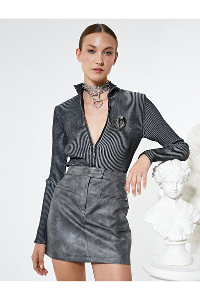 Koton Faux Leather Skirt Mini Zipper Pocket Detailed