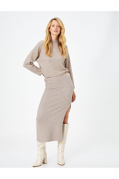 Koton High Collar Sweater Textured Low Shoulder