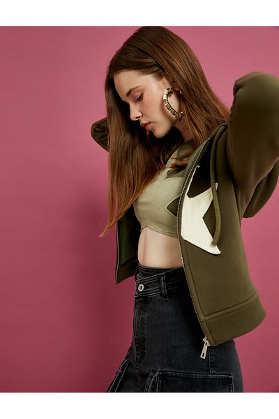 Koton Oversize mikina na zip s kapucí Rose Gold Star Applique Detailed Cotton
