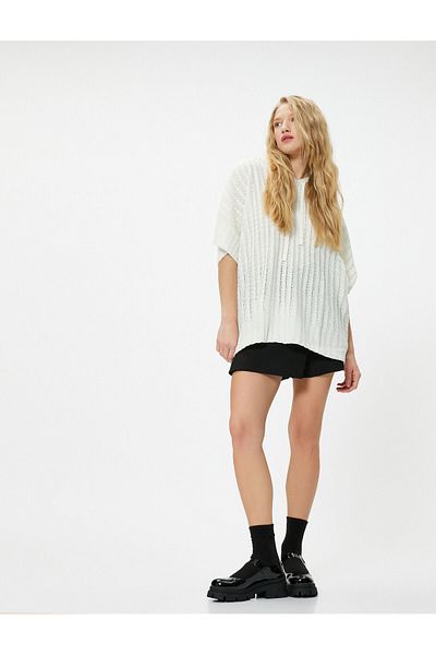 Koton Oversize Knitwear Poncho Hooded Short Sleeve Knitted Patterned
