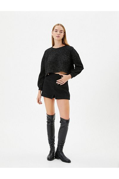 Koton Hanorac Crop Oversize Tweed cu mânecă lungă și decolteu