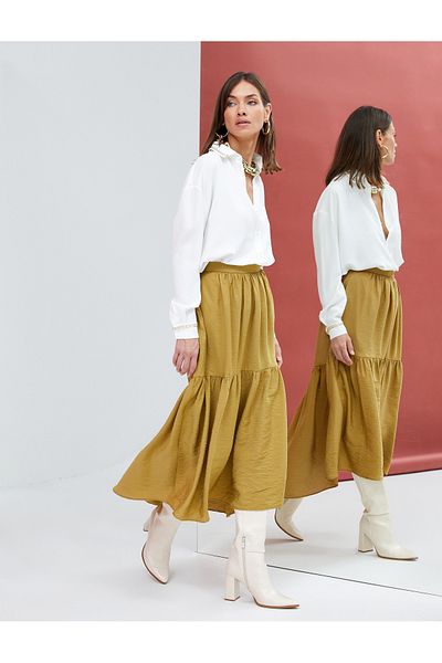 Koton Midi Skirt Flounced Textured Asymmetrical Cut