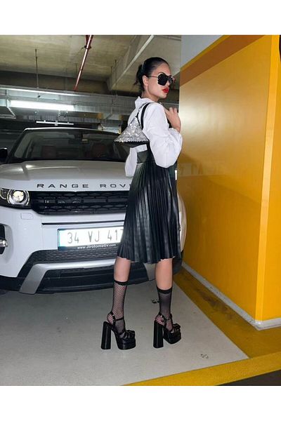 1Moda1Tarz Γυναικείο φόρεμα πουκάμισου από εισαγόμενο δέρμα και υφαντό ύφασμα με πλισέ επένδυση