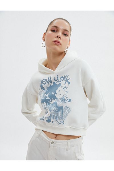 Koton Crop Hooded Sweatshirt Raised Printed Cotton