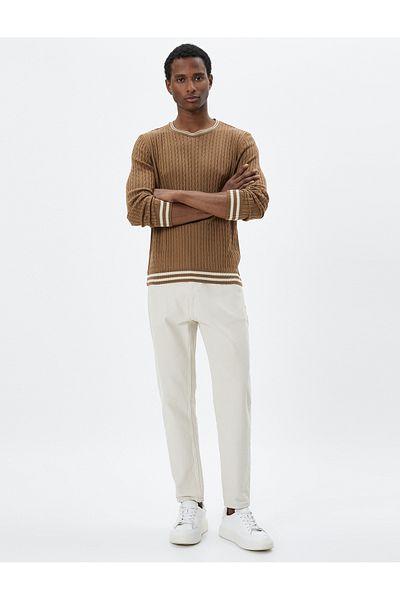 Koton Crew Neck Basic Knitwear Sweater - Knit Motif and Piping