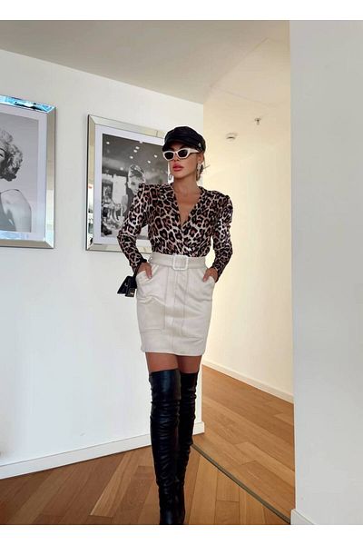 1Moda1Tarz Γυναικεία κρέμα εισαγόμενο ύφασμα με μοτίβο λεοπάρ με ζώνη κάτω μέρος με σουέτ επένδυση Το φόρεμά μου
