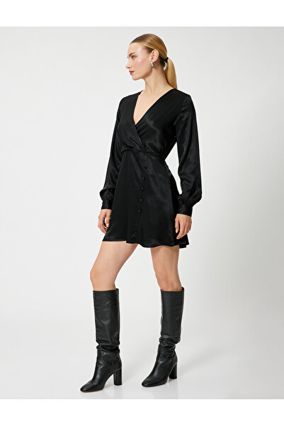 Koton Saten Mini Elbise Anvelop Düğme Detaylı