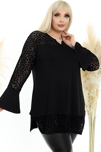 Kheos Long Sleeve Blouse with Flock Print on Tulle and Chain and Flounce on the Collar
