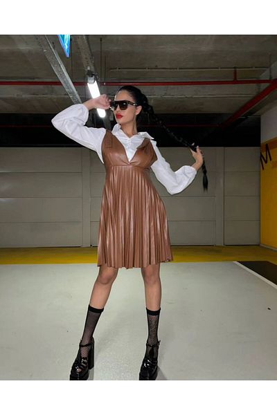 1Moda1Tarz Γυναικείο φόρεμα πουκάμισου από εισαγόμενο δέρμα και υφαντό ύφασμα με πλισέ επένδυση