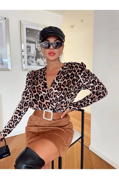 1Moda1Tarz Γυναικείο φόρεμα με εισαγόμενο ύφασμα Camel με μοτίβο λεοπάρ με ζώνη κάτω με σουέτ επένδυση