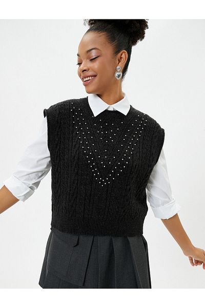 Koton Knitwear Sweater Beaded Sleeveless Round Neck