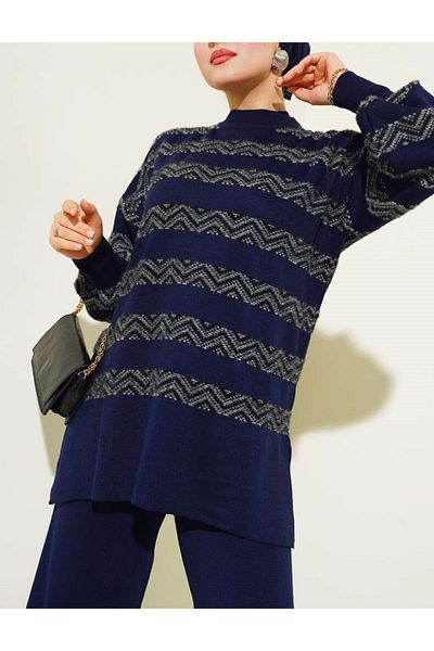 Lavanta Tekstil Zigzag Striped Hijab Knitwear Double Set - Navy Blue