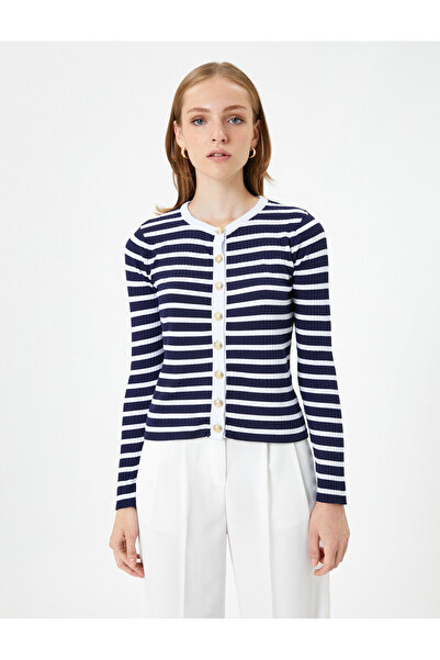 Koton Knitwear Cardigan Gold Buttoned Ribbed Crew Neck