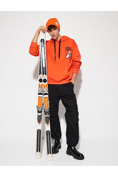 Koton Hooded Sweat Kangaroo Pocket Printed Long Sleeve Ribbon