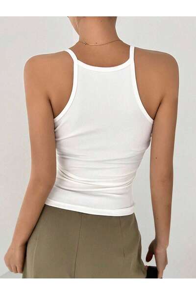 Liona U Yaka Omuzu Açık Askılı Yüzücü Sırtlı Beyaz Renk Fitilli Bluz