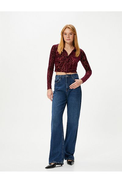 Koton Crop Transparent Shirt Velvet Textured Buttoned Long Sleeve