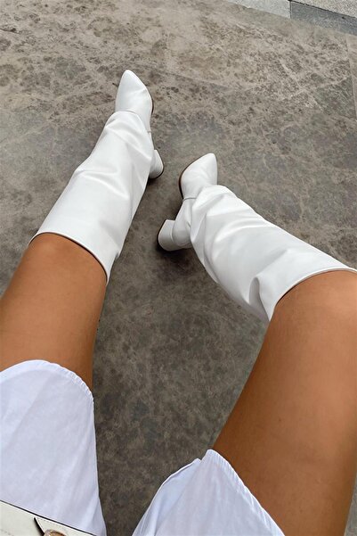 BeBeQ Store Moly White Matte Above Knee Heeled Women's Boots