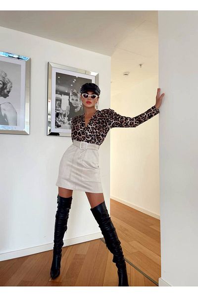 1Moda1Tarz Γυναικεία κρέμα εισαγόμενο ύφασμα με μοτίβο λεοπάρ με ζώνη κάτω μέρος με σουέτ επένδυση Το φόρεμά μου