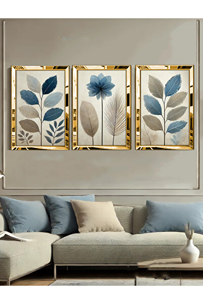 avm19 Pleksi Çerçeveli Mavi Pastel Çiçek Tablo 3lü