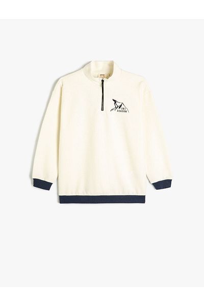 Koton Sweat Stand Collar Half Zipper Ski Themed Print Detailed Long Sleeve