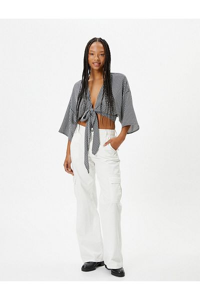 Koton Oversize Crop Kimono Blouse Double Breasted Wide 3/4 Sleeve Goose Feet Patterned Tie Detail
